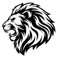 lion head black silhouette vector illustration, kingly style, cool, heroic, with flying hair, fine hair, on transparent background © QuickDesign24