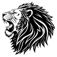 lion head black silhouette vector illustration, kingly style, cool, heroic, with flying hair, fine hair, on transparent background