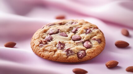 A single, giant cookie, its surface adorned with a scattering of purple almonds, rests majestically on a soft purple pastel background, a delectable treat ready to tantalize the senses.