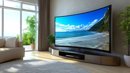 Fototapeta premium Curved Large Screen TV Displaying Beach Scene in Modern Living Room