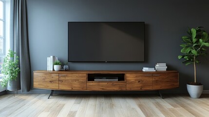 Modern Living Room with Large Flat Screen TV and Rustic Wooden Console