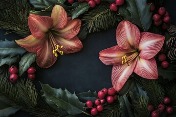 Festive amaryllis, holly and berry wreath for seasonal greeting cards, dark background