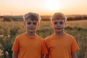 Funny twin brother boys in orange t-shirt playing outdoors on field at sunset. Happy children, lifestyle