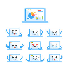 Computer character set poses and emotions, mascot of online education and digital technologies in training in cartoon kawaii style