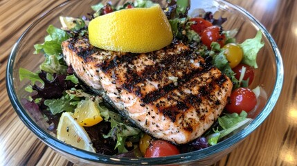 Fresh Salmon Salad with Mixed Greens and Lemon