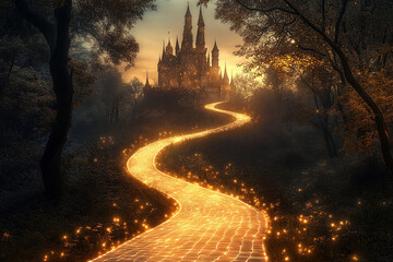 Naklejka premium Majestic castle illuminated by glowing pathway at night under a starry sky