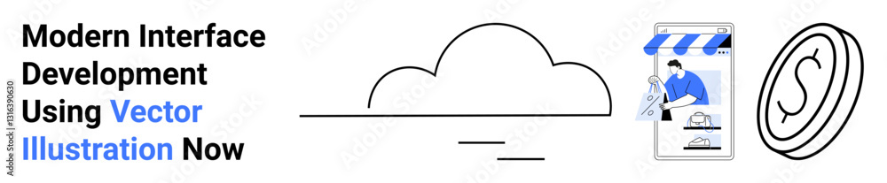 Poster cloud element connects to a mobile app with a storefront and user making purchases, reflecting moder