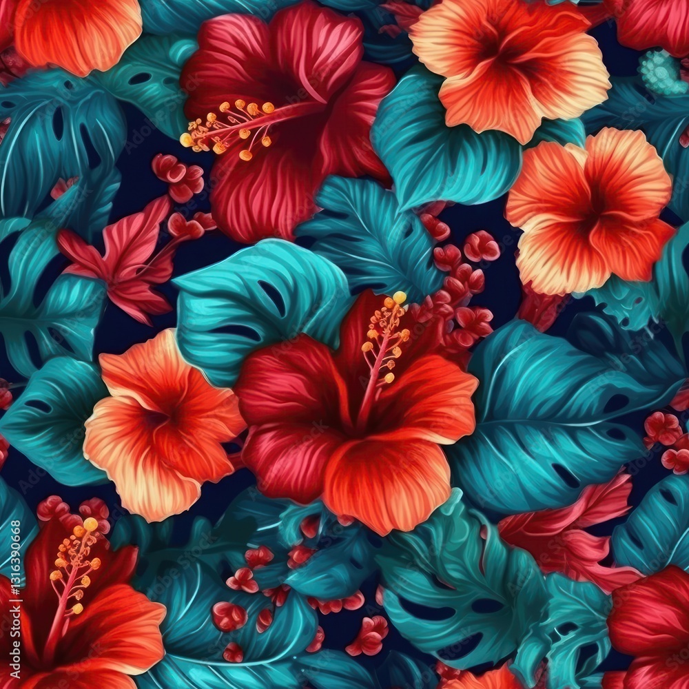 Poster vibrant and realistic hibiscus pattern with clean lines and vivid colors on a transparent background