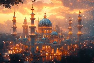 Obraz premium Illuminated Mosque with Blue Dome at Sunset
