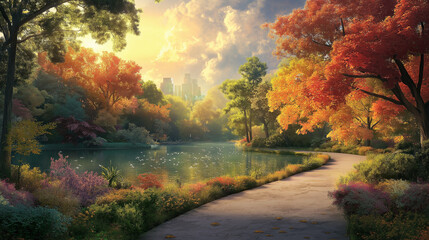 Autumn Park Pathway with Stunning Fall Colors