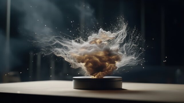 Abstract art photo of swirling dust cloud explosion on a dark background, resembling a mushroom cloud or smoke plume.  Perfect for science, technology, or fantasy themes.