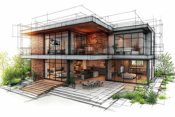 Modern house architectural design. Two-story home with open floor plan, brick and glass exterior, and landscaped yard