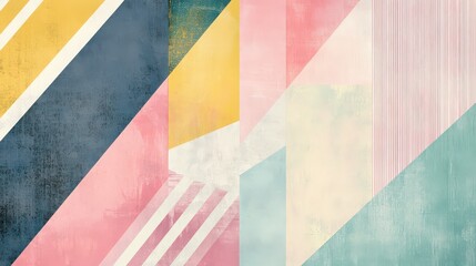 Fototapeta premium Elegant geometric composition with soft pastel colors, featuring angular facets, linear stripes, and a subtle noise texture. Minimalist business design.