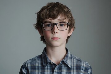Portrait of young boy wearing glasses, studio