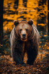 Fototapeta premium Powerful Brown Bear in Natural Woodland Habitat During Fall Season
