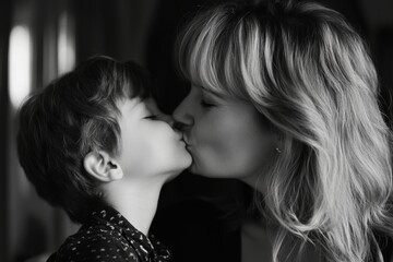 The son kisses his mother. Happy mother's day.Mother hugs her child. Shot of little boy kissing his mother at home