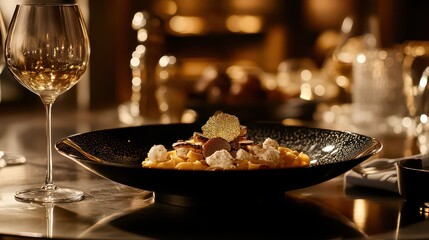 Elegant plating of a fine dining pasta dish with truffle shavings and gold-leaf garnish in a 4K setting.