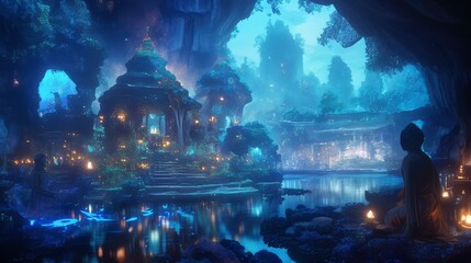 Obraz premium Enchanting Blue Grotto Serene Temple and Meditative Monk in a Fantasy Landscape