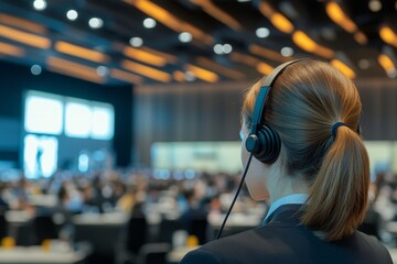 An interpreter wearing a headset translates simultaneously in a bustling conference room filled with attendees. The atmosphere is vibrant as discussions unfold