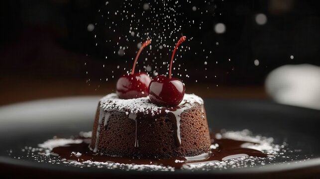 A decadent chocolate cake, its rich, dark hue promising indulgence with every bite, adorned with a dusting of powdered sugar and a single cherry, a testament to the simple pleasures of life.