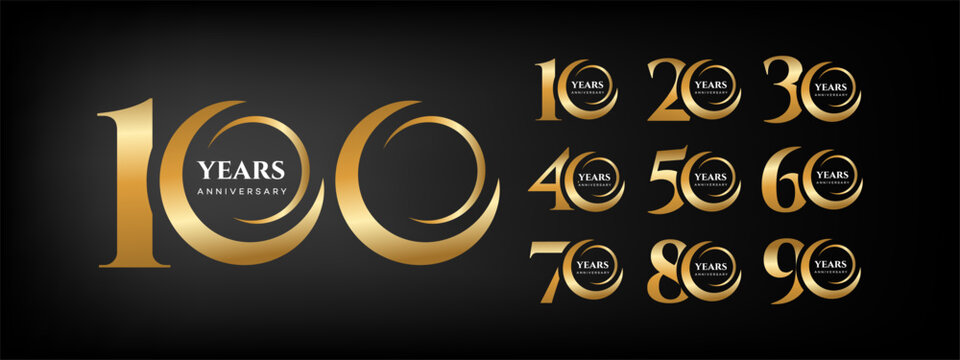 Gold Anniversary Logos 10, 20, 30, 40, 50, 60, 70, 80, 90, 100  Celebration Icon Set