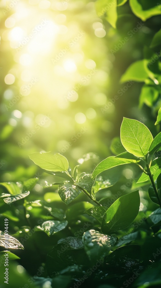 Poster Lush green leaves are illuminated by sunlight filtering through a serene forest, creating a magical atmosphere filled with warmth and tranquility