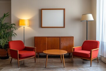 Mid-century modern living room with red chairs, wooden cabinet, and empty frame.