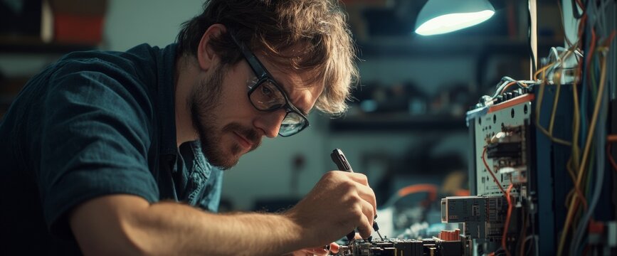 In a tech workshop, an IT engineer diligently repairs hardware with a screwdriver, showcasing concentration and expertise as he works on the circuit board