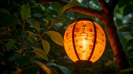 Obraz premium Beautifully Crafted Bamboo Lantern Glowing Warmly in Evening Surrounded by Lush Greenery - Rongali Bihu