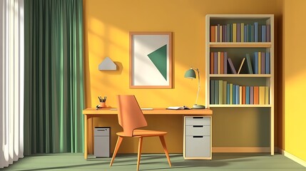 Sunny Morning in a Mustard-Yellow Home Office: 3D Rendered Interior Design AI Generated