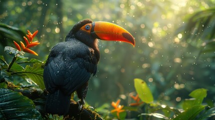 Obraz premium A toucan perched on a branch in a lush rainforest, rain droplets clinging to its feathers.