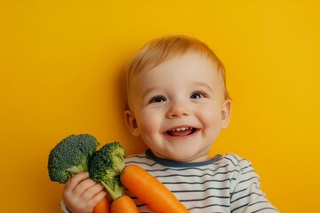 A studio shot of a smiling boy holding fresh broccoli and carrots on a yellow background. The concept of healthy baby food