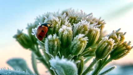 Ladybug on Frosted Bloom: Capturing a vivid moment of a ladybug perched delicately on a frosted flower, showcasing the resilience of life against the cold.