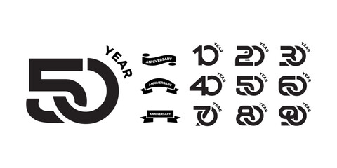 Anniversary Logos Decade Year Symbols, 10 to 90, Design