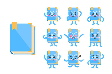 Book in glasses character poses and emotions set, mascot of knowledge, study and libraries in cartoon kawaii style