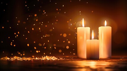 Softly glowing candles surrounded by a warm ambiance and sparkling particles, creating a serene and cozy atmosphere.