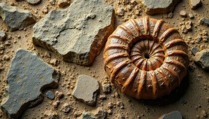 Ancient fossil ammonite on weathered stone background, ancient earth, ammonite, earthy