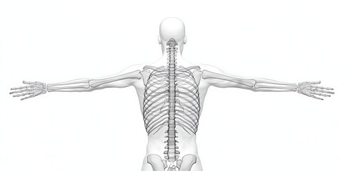A skeletal illustration of a human body, showcasing bones in a symmetrical position with arms extended, highlighting anatomy.
