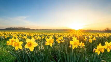 Fototapeta premium A vibrant field of yellow daffodils blooms under a clear sky, illuminated by the warm glow of a sunrise in the background.