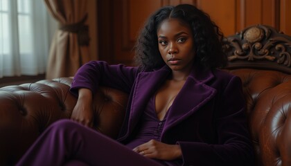 Fototapeta premium Woman in a luxurious purple velvet suit sitting on a couch for a high-end fashion portrait
