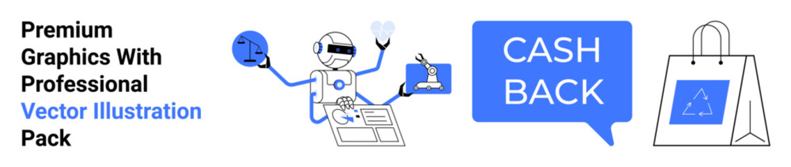 Fototapeta premium Robot managing tasks with report, ecommerce bag, cashback message. Ideal for online shopping, automation, retail sales, AI, customer rewards, financial technology flat landing page banner