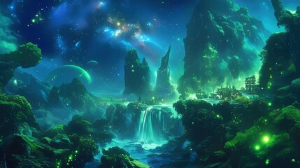 Fototapeta premium Enchanting Alien Waterfall Village Under a Starry Sky