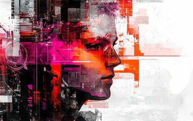 Abstract portrait of a woman with vibrant colors and geometric patterns in a contemporary art style