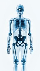A detailed X-ray image of a human skeleton showcasing the bones and structure of the body.