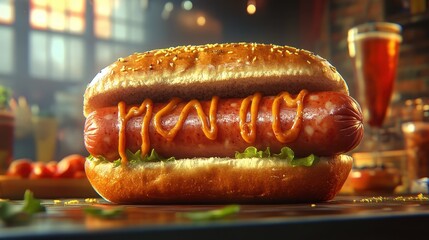 A gargantuan, cartoonishly oversized sausage, its skin glistening with sweat, stands proudly within a fluffy, pillowy hot dog bun. Every detail, from the sausage is texture to the bun is soft crumb,