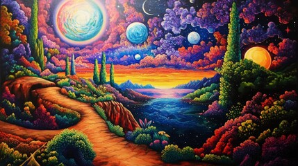 Acrylic Painting of Enchanted Landscape with Celestial Bodies and Vibrant Flora 