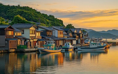 Fototapeta premium Cozy seaside village reflects sunset over calm waters with fishing boats moored along the shore
