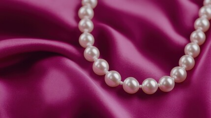 Obraz premium A delicate pearl necklace rests elegantly on soft, rich purple fabric, highlighting its luster and beauty.