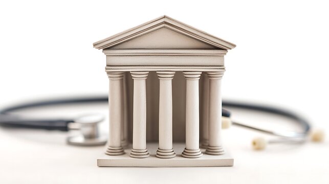 A miniature model of a classical building next to a stethoscope, symbolizing the intersection of healthcare and law or justice.