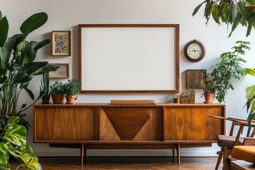 Mid-century modern sideboard with blank frame, plants, and clock.
